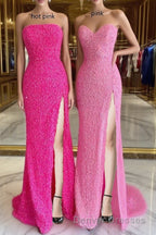 Strapless Pink Sequins Prom Dress with Slit,Sparkly White Night Dress Party Event