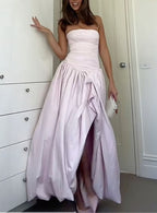 Strapless Pink Split Prom Dress A-Line Party Formal Dress