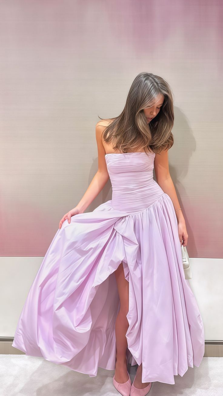 Strapless Pink Split Prom Dress A-Line Party Formal Dress