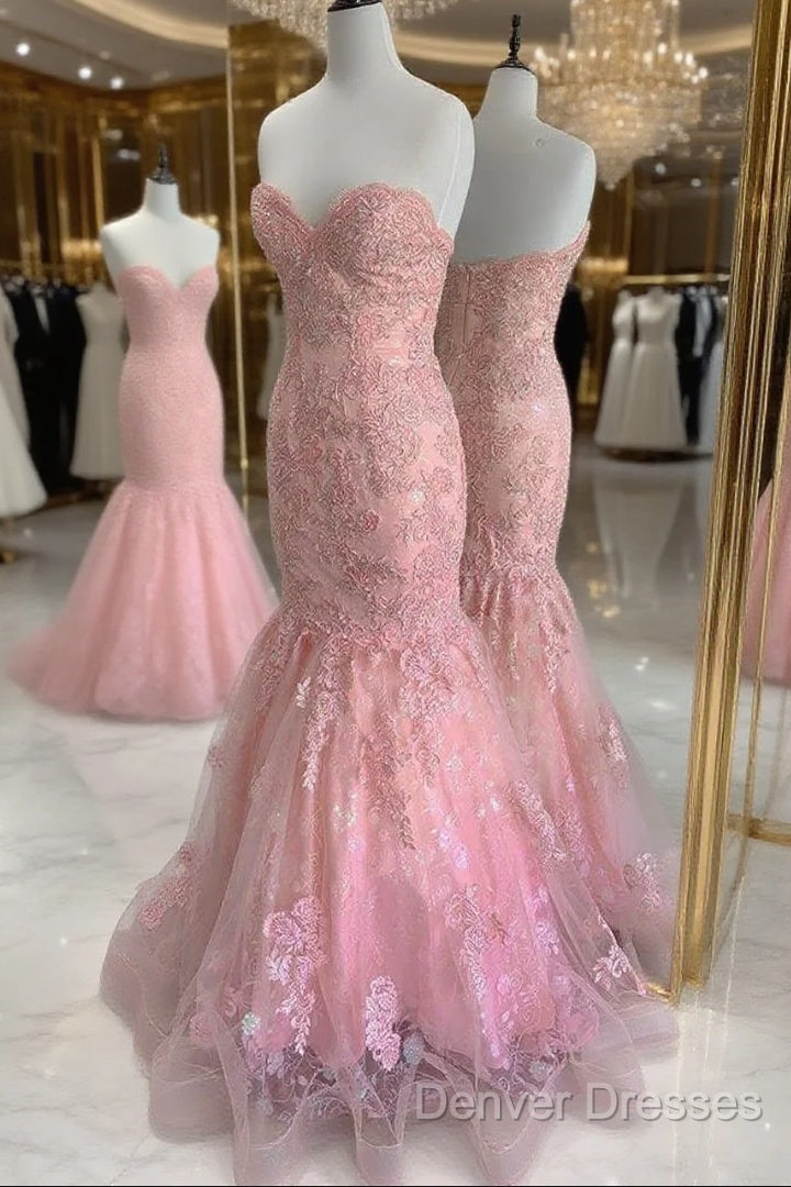 Strapless Pink Tulle Lace Long Mermaid Prom Dress Evening Dress