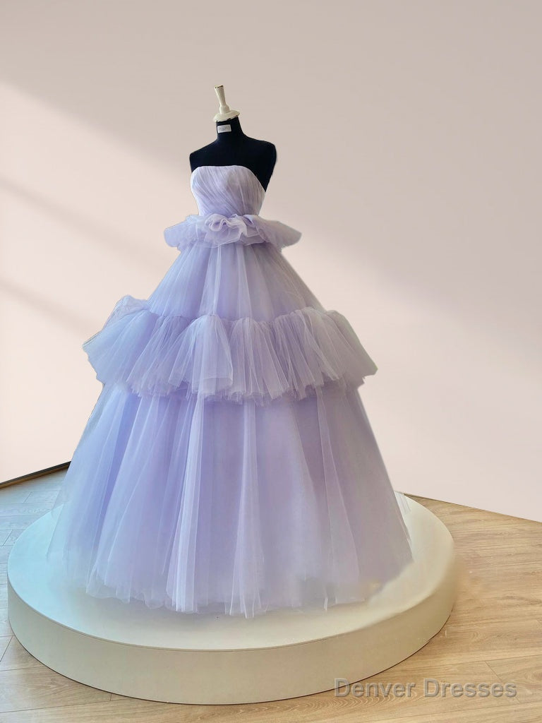 Strapless Pleated Tulle Ball Gown Tiered A Line Prom Dress Floor Length Party Dress Main image