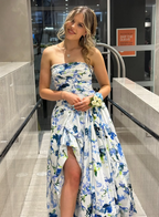 Strapless Print Floral Long Prom Dress Evening Gown