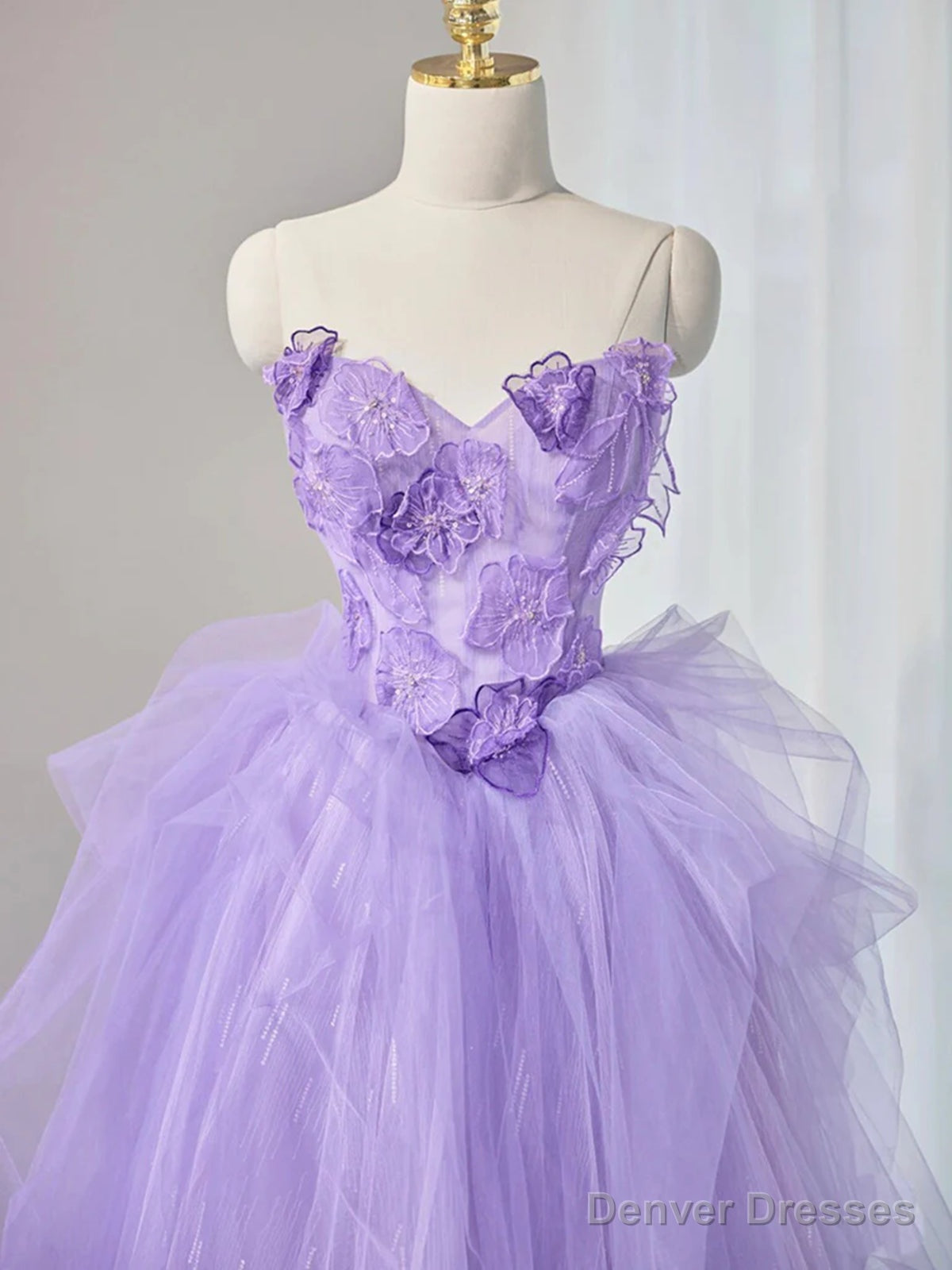 Strapless Purple Long Tulle Prom Dress with Flower, Purple Floral Long Tulle Formal Evening Dresses Secondary image