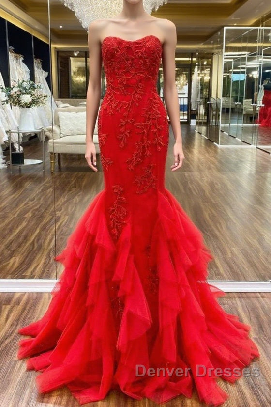 Strapless Red Mermaid Lace Prom Dress, Red Mermaid Lace Formal Evening Dress Main image