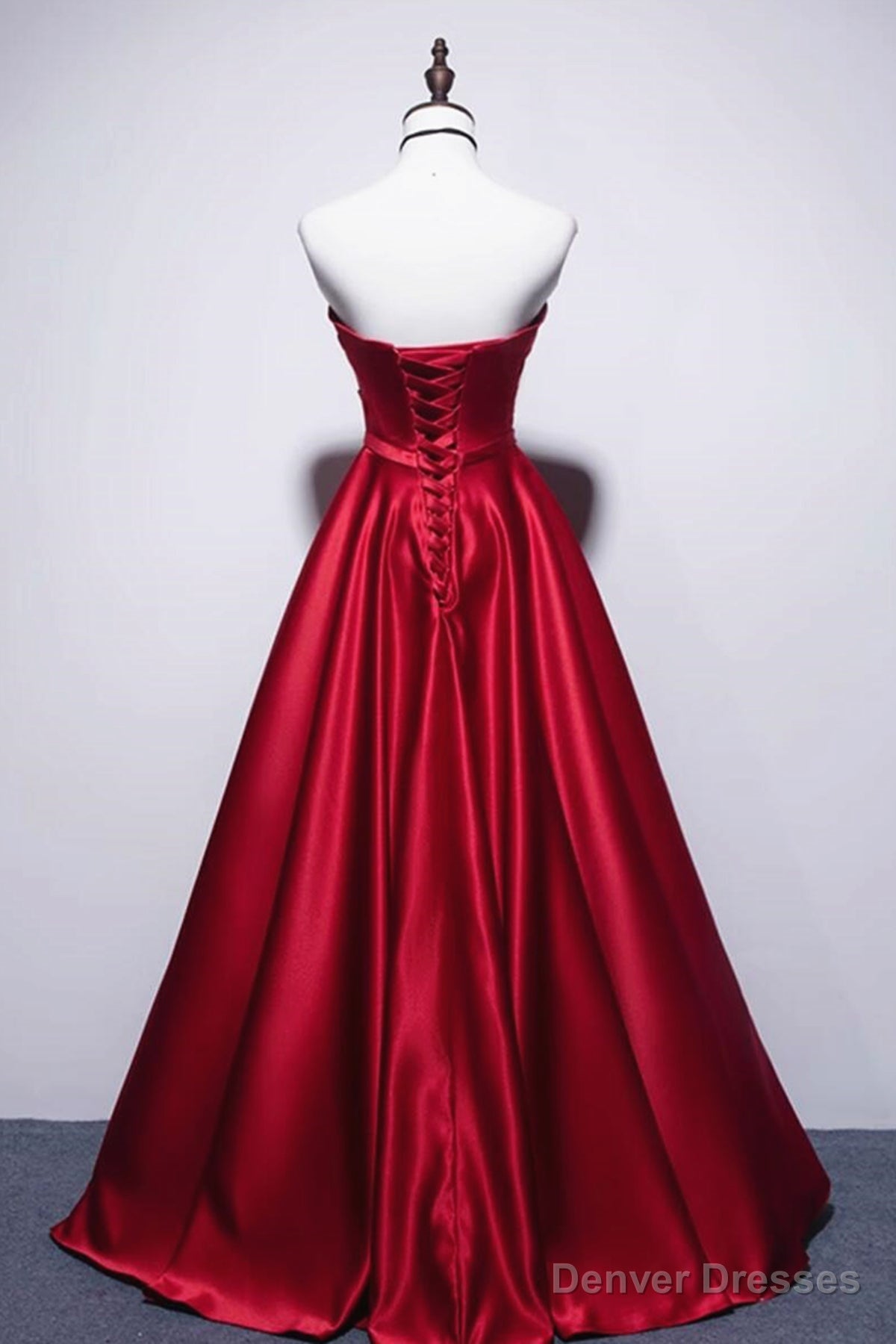 Strapless Red Satin Long Prom Dresses, Dark Red Long Formal Evening Dresses Secondary image
