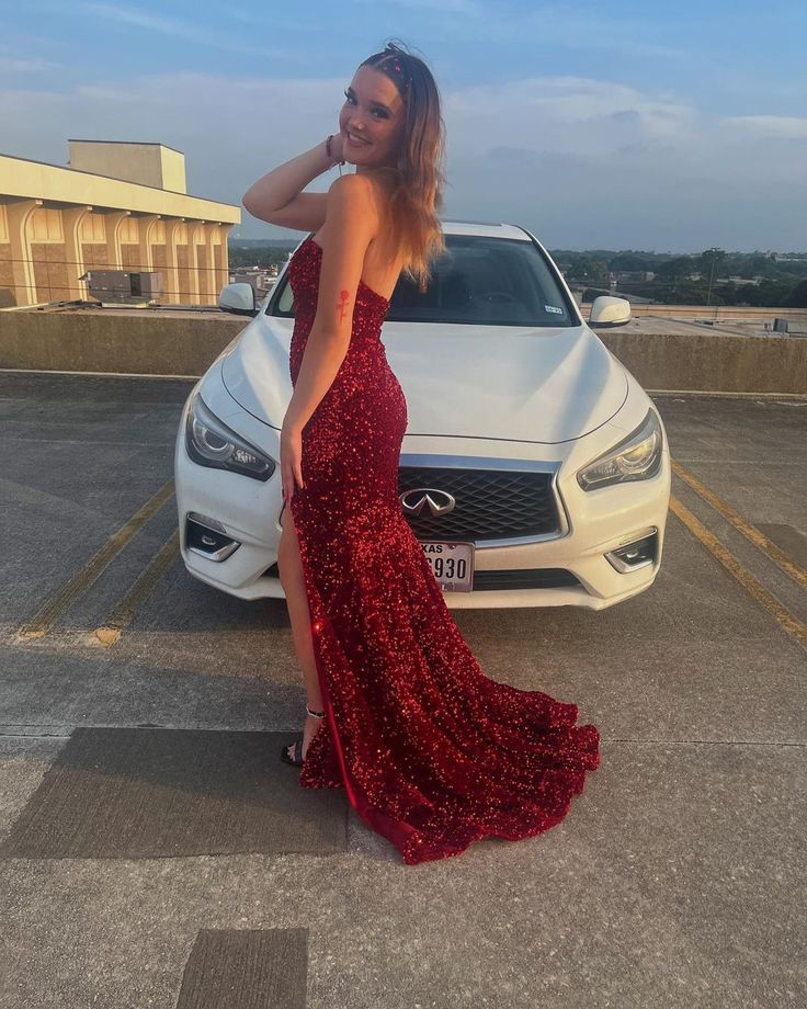 Strapless Red Sequin Formal Dress Mermaid Sparkly Prom Dress