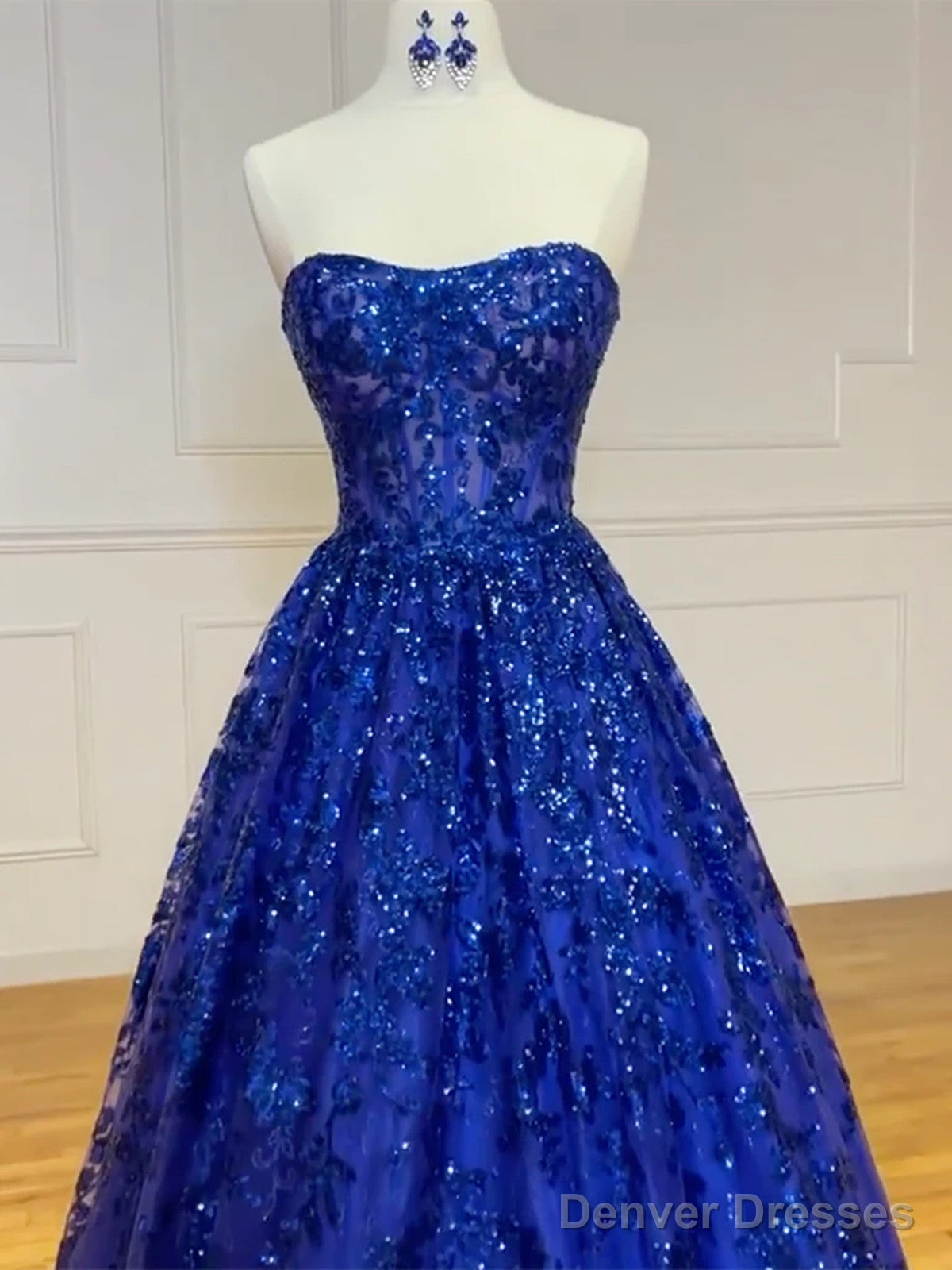 Strapless Royal Blue Lace Long Prom Dresses, Royal Blue Lace Formal Evening Dresses Secondary image