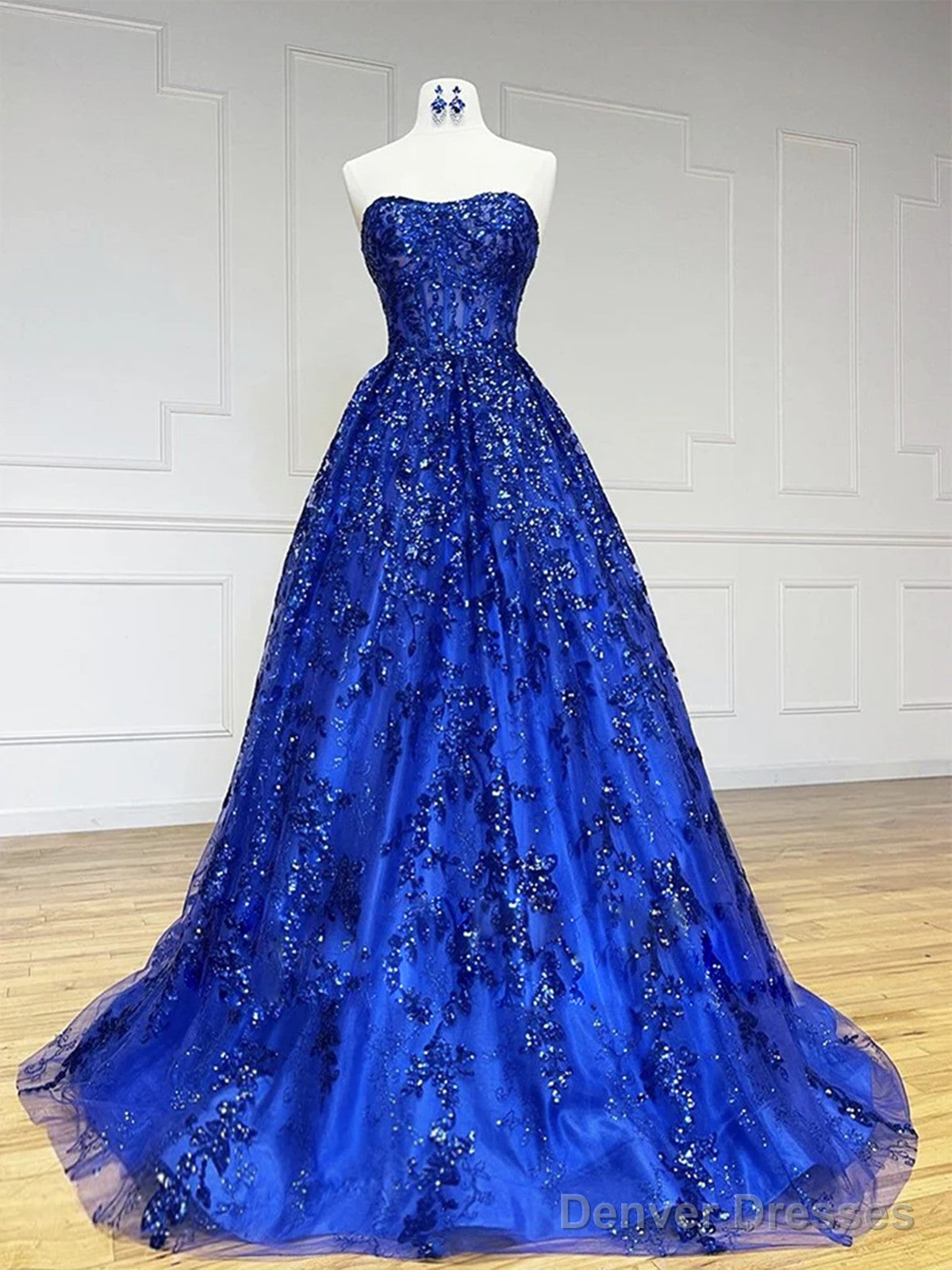 Strapless Royal Blue Lace Long Prom Dresses, Royal Blue Lace Formal Evening Dresses Main image