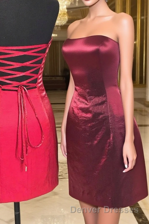 Strapless Sheath Lace-Up Burgundy Homecoming Dress Main image