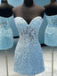 Strapless Short Blue Lace Prom Dresses, Short Blue Lace Formal Homecoming Dresses