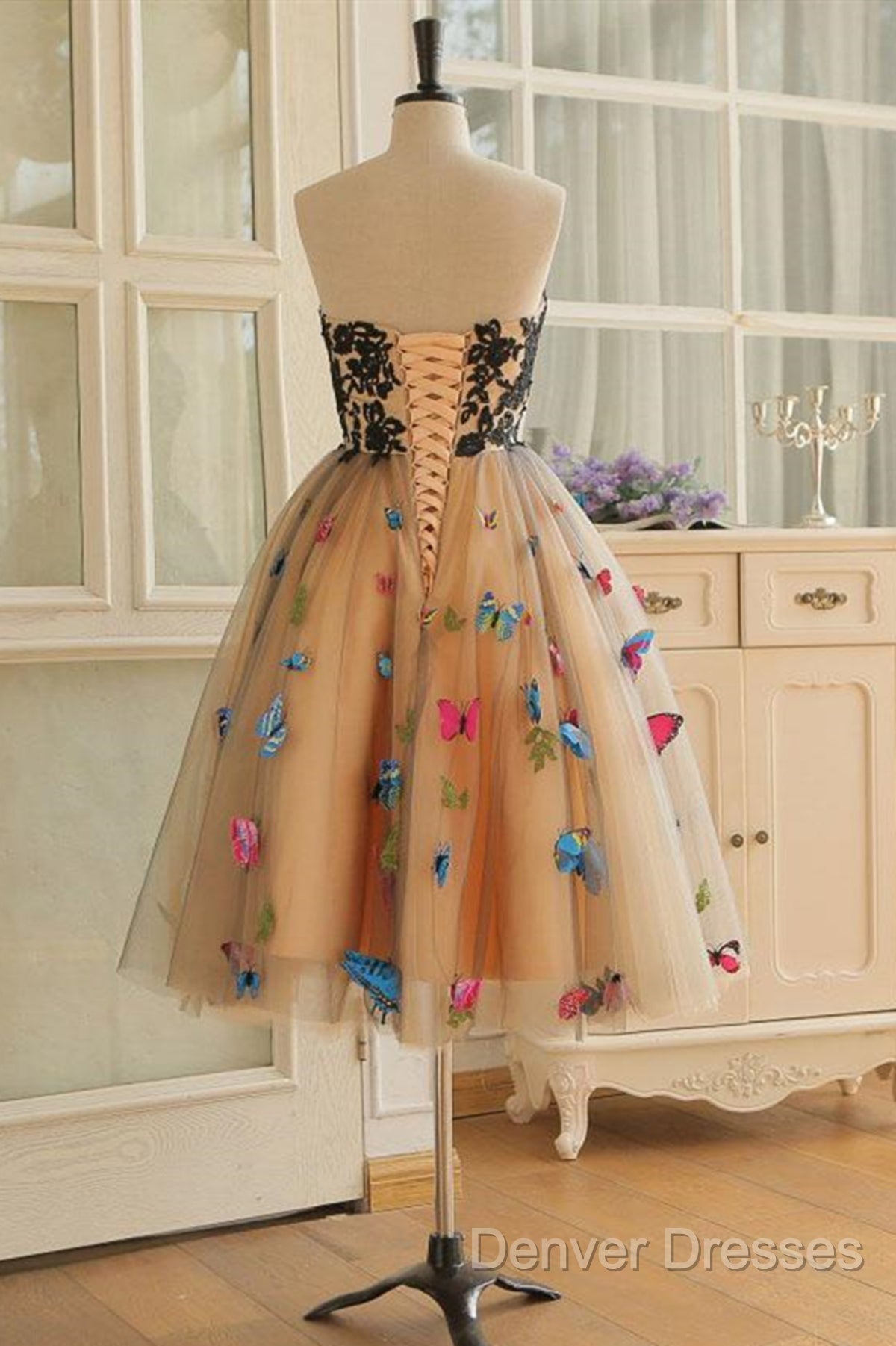 Strapless Short Champagne Floral Prom Dress, 3D Floral Short Champagne Formal Graduation Dress