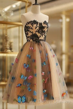 Strapless Short Champagne Floral Prom Dress, 3D Floral Short Champagne Formal Graduation Dress