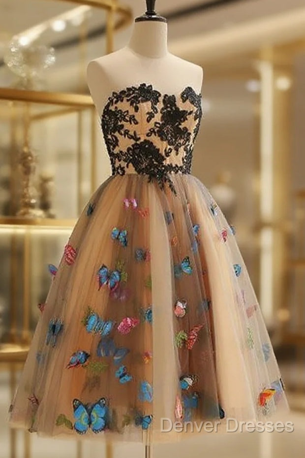 Strapless Short Champagne Floral Prom Dress, 3D Floral Short Champagne Formal Graduation Dress