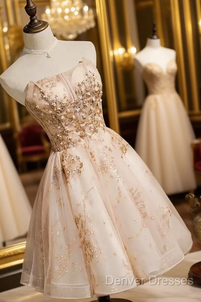 Strapless Short Champagne Party Dress Homecoming Dress With Sequins