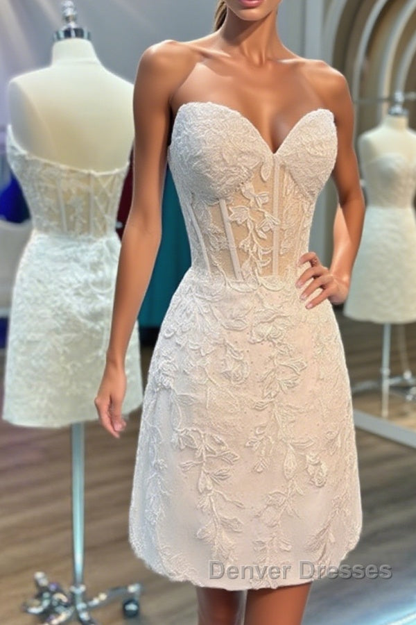 Strapless Short White Lace Prom Dress, Short White Lace Formal Homecoming Dress