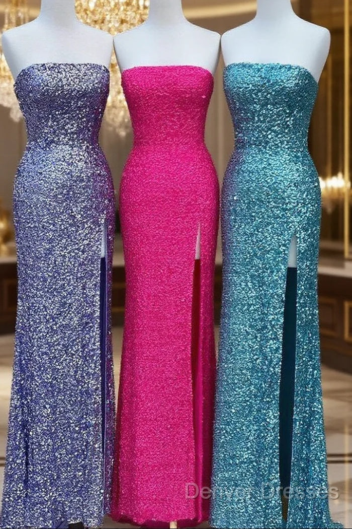 Strapless Sparkly Long Prom Dress With Slit,Formal Dress,Charming Dance Dress
