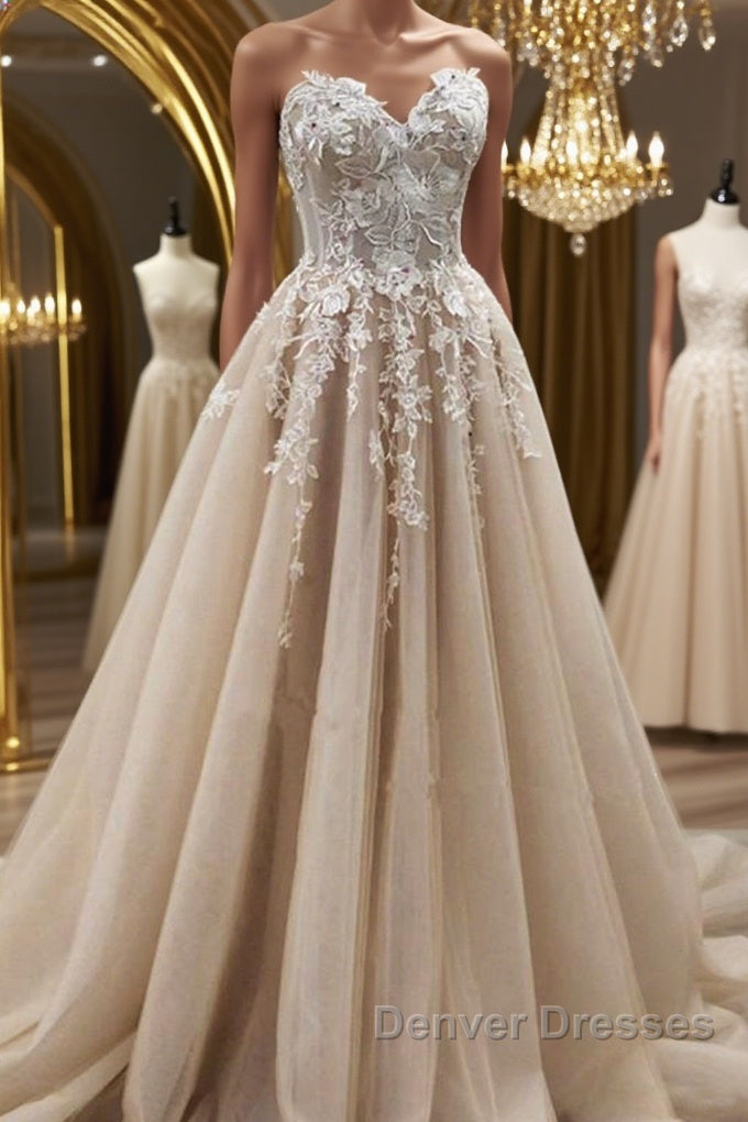 Strapless Sweetheart Neck Champagne Lace Appliques Long Prom Dress, Champagne Lace Floral Formal Evening Dress Main image