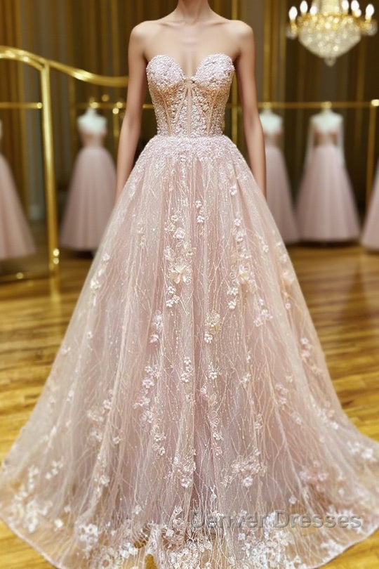 Strapless Sweetheart Neck Pink Lace Long Prom Dress, Pink Lace Formal Graduation Evening Dress Main image