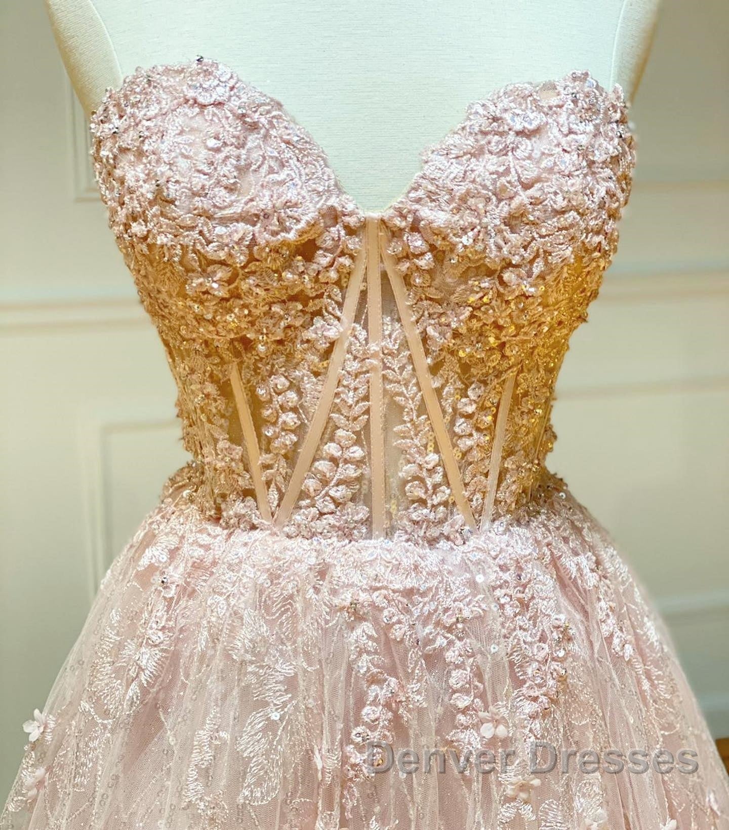 Strapless Sweetheart Neck Pink Lace Long Prom Dress, Pink Lace Formal Graduation Evening Dress Secondary image