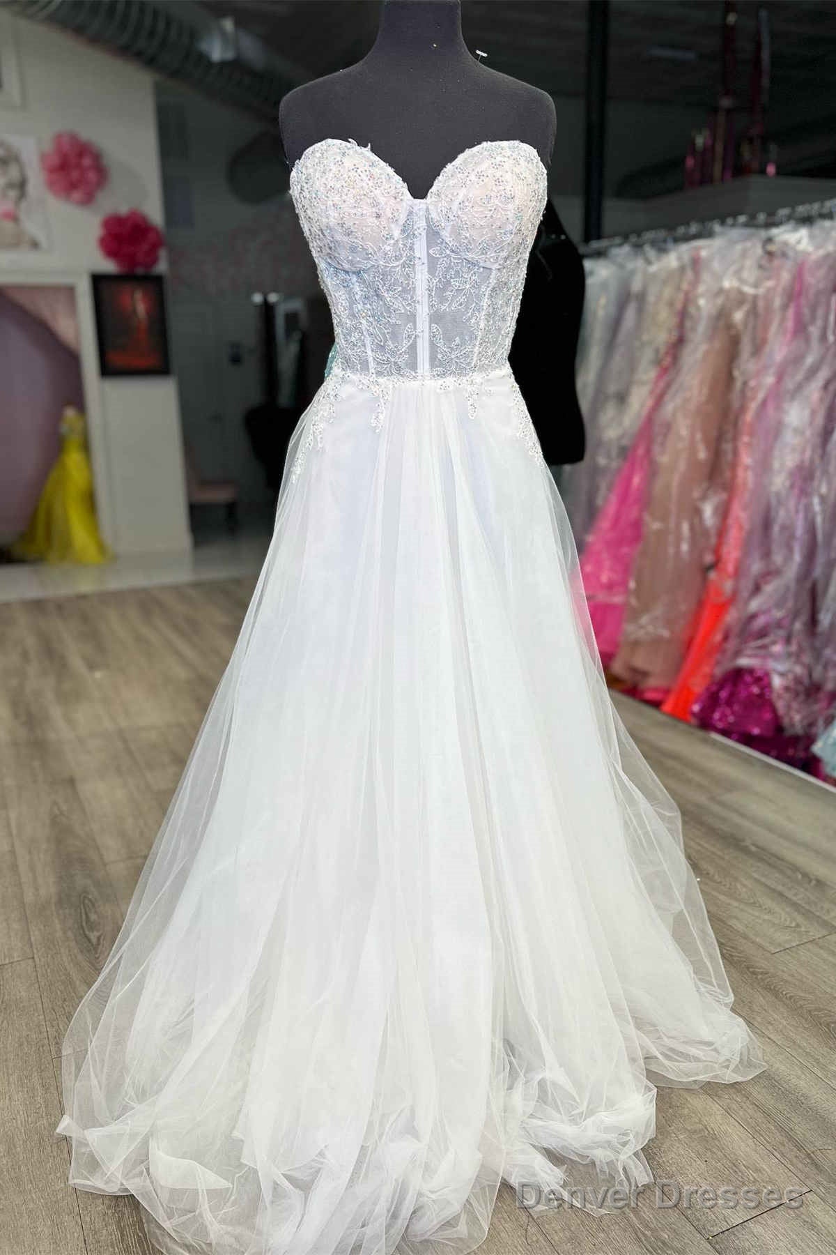 Strapless White Lace Corset Long Formal Dress with Rhinestones Main image