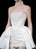 Strapless White Lace Wedding Dress Mini Bridal Gown,