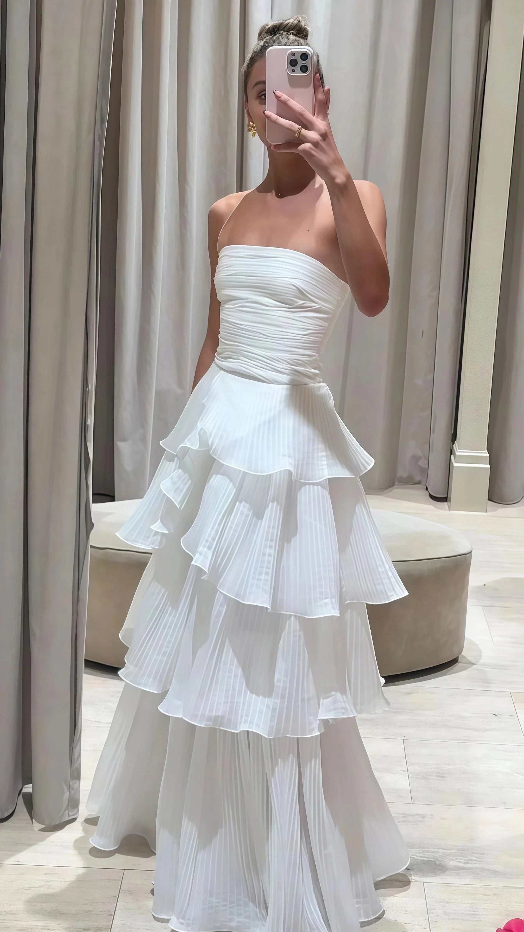 Strapless White Pleated Layers Long Prom Dress Sleeveless Evening Gown Secondary image