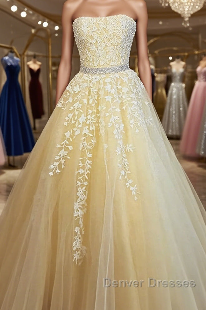 Strapless Yellow Lace Long Prom Dress, Yellow Lace Formal Evening Dress Main image