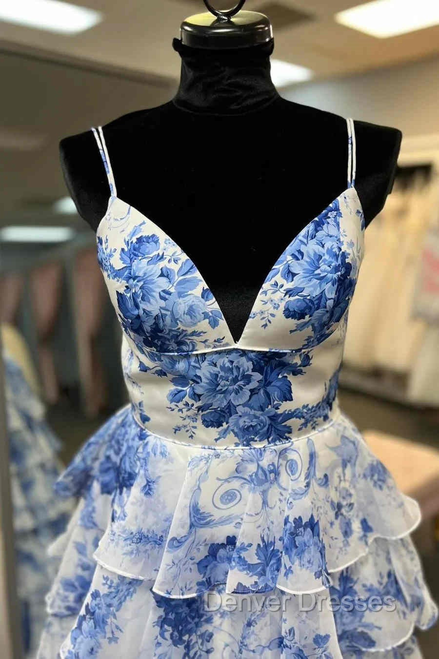 Straps Blue Floral Print High Slit Ruffled Prom Dress Secondary image