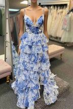 Straps Blue Floral Print High Slit Ruffled Prom Dress