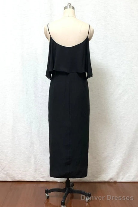 Straps Boho Black Tea Length Chiffon Bridesmaid Dress