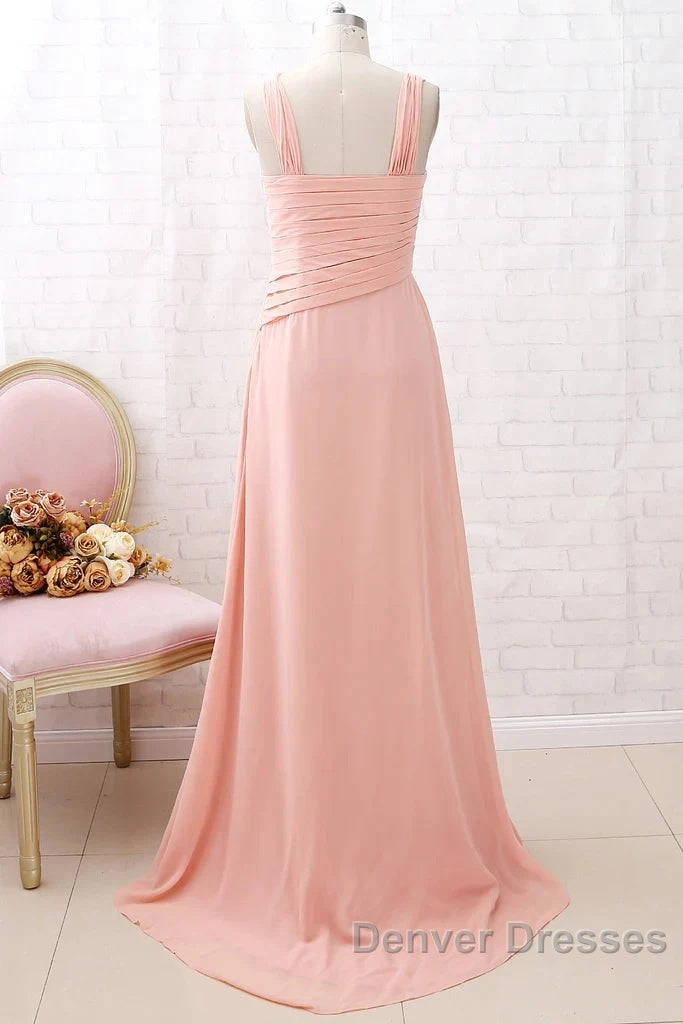 Straps Chiffon Long Bridesmaid Dress Coral Formal Wedding Party Dress Secondary image