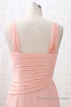 Straps Chiffon Long Bridesmaid Dress Coral Formal Wedding Party Dress