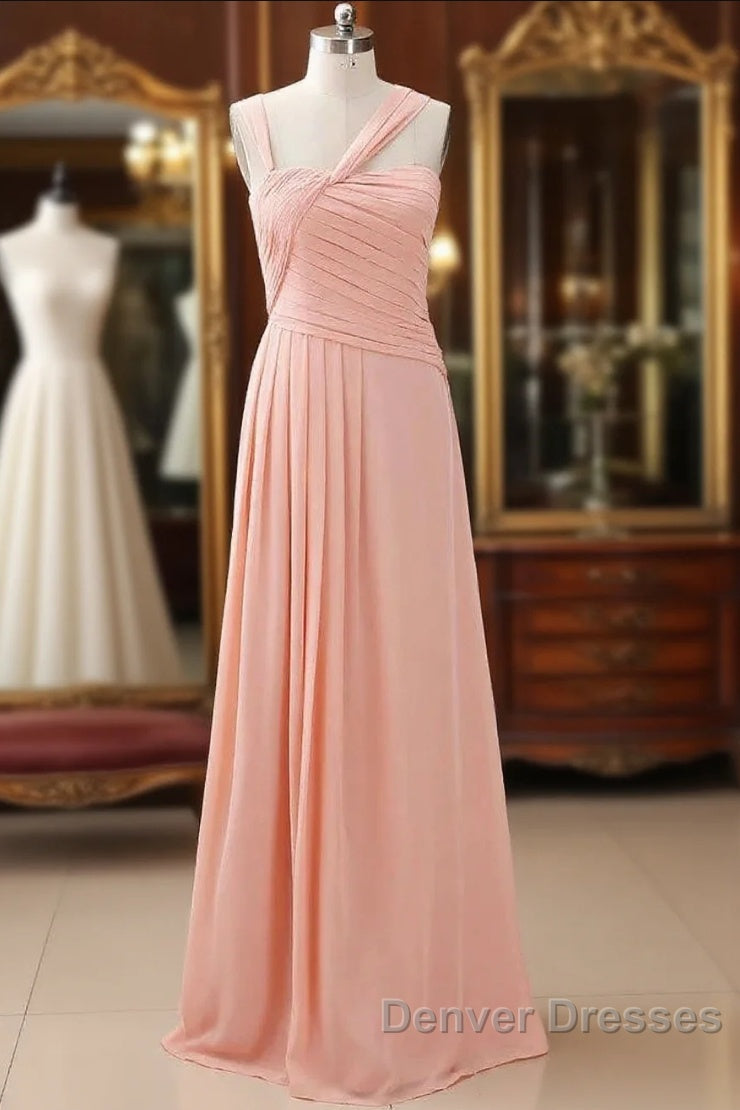 Straps Chiffon Long Bridesmaid Dress Coral Formal Wedding Party Dress