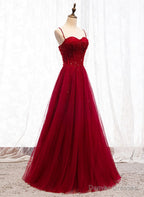 Straps Dark Red Beaded Sweetheart Long Formal Dress, Junior Prom Dress
