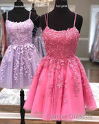 Straps Lace Applique Blue Homecoming Dress,Fuchsia Cocktail Dress