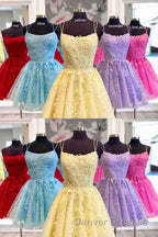 Straps Lace Applique Blue Homecoming Dress,Fuchsia Cocktail Dress