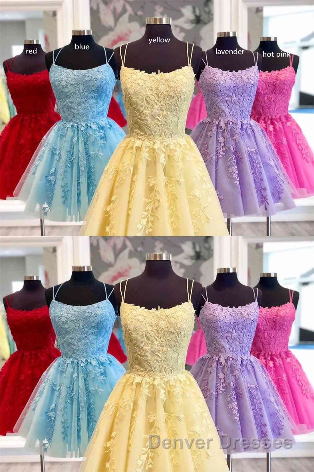 Straps Lace Applique Blue Homecoming Dress,Fuchsia Cocktail Dress