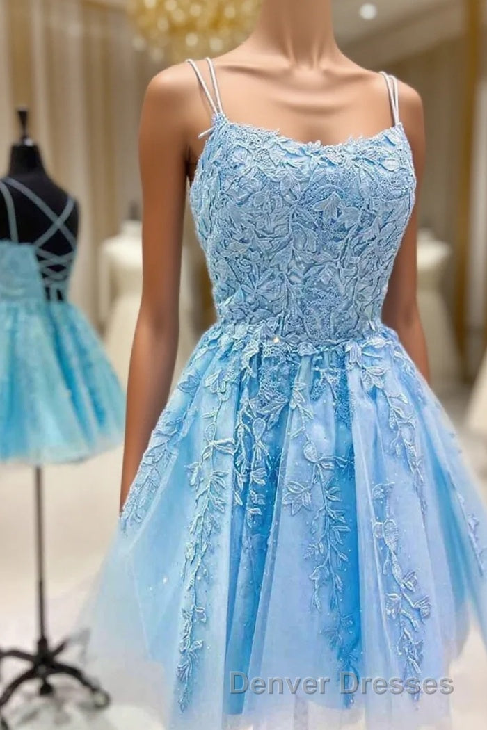 Straps Lace Applique Blue Homecoming Dress,Fuchsia Cocktail Dress Main image