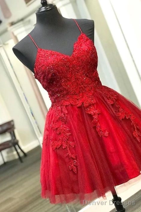 Straps Lace Appliqued Red Short Homecoming Dress Main image