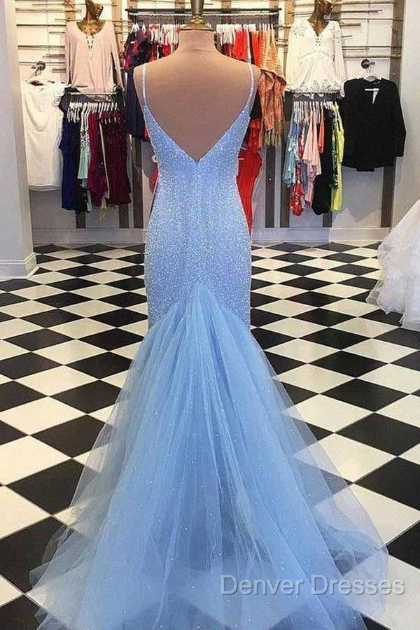 Straps Light Blue Mermaid Prom Dress Beaded Backless Formal Dress Secondary image