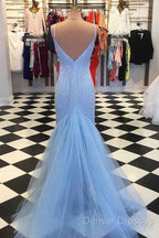 Straps Light Blue Mermaid Prom Dress Beaded Backless Formal Dress