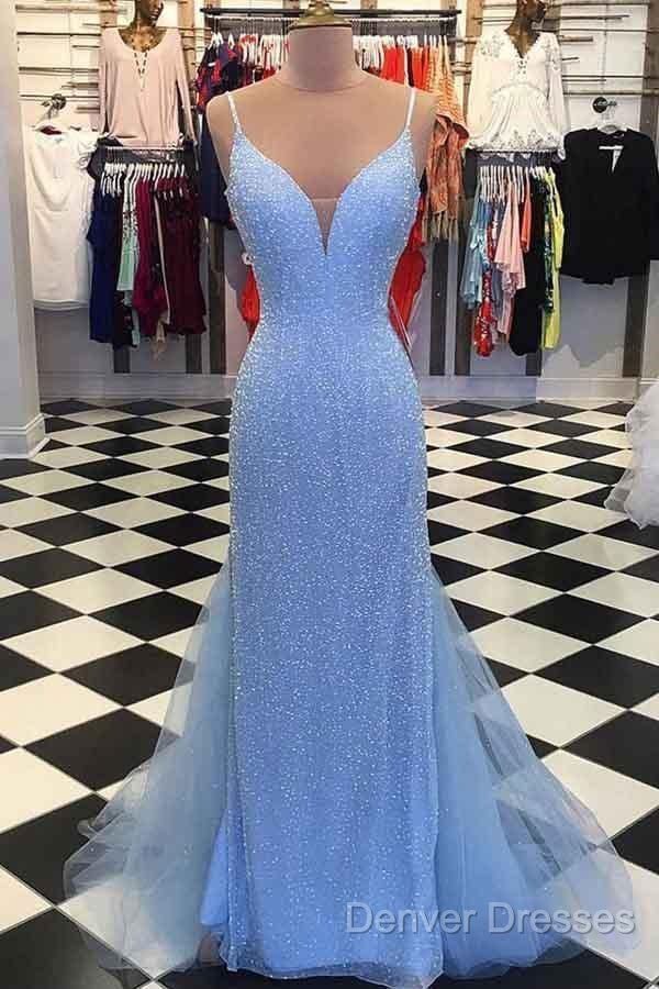 Straps Light Blue Mermaid Prom Dress Beaded Backless Formal Dress