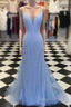 Straps Light Blue Mermaid Prom Dress Beaded Backless Formal Dress