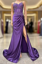 Straps Mermaid Long Prom Dress With Lace Top And Skirt Slit