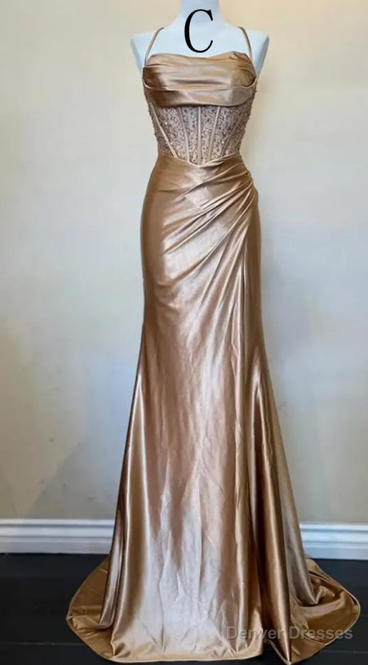 Straps Mermaid Long Prom Dresses with Beaded Bodice