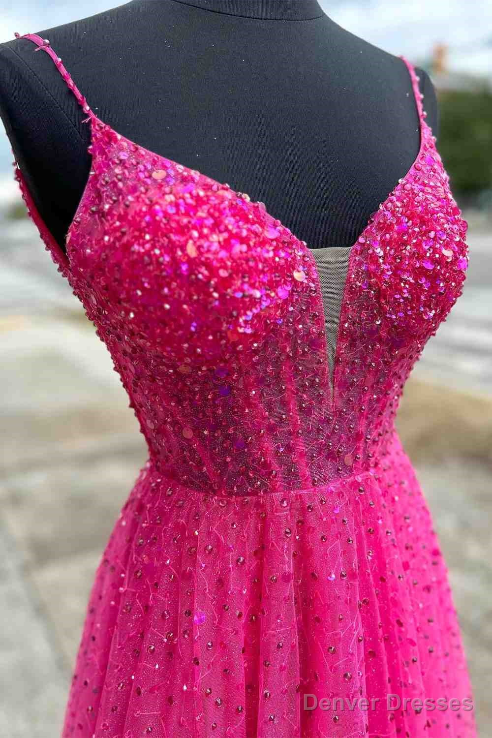 Straps Neon Pink Beaded A-Line Long Formal Dress Secondary image