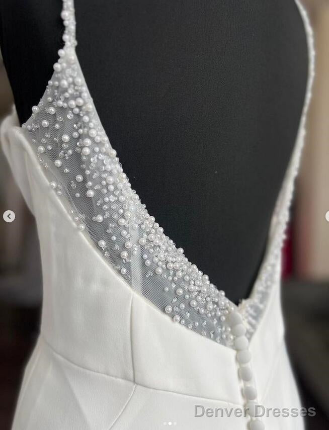 Straps Open Back Mermaid Wedding Dress With Pearls