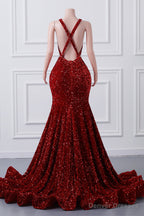 Straps Red Beading Sequin Prom Dresses Mermaid Long Party Dresses