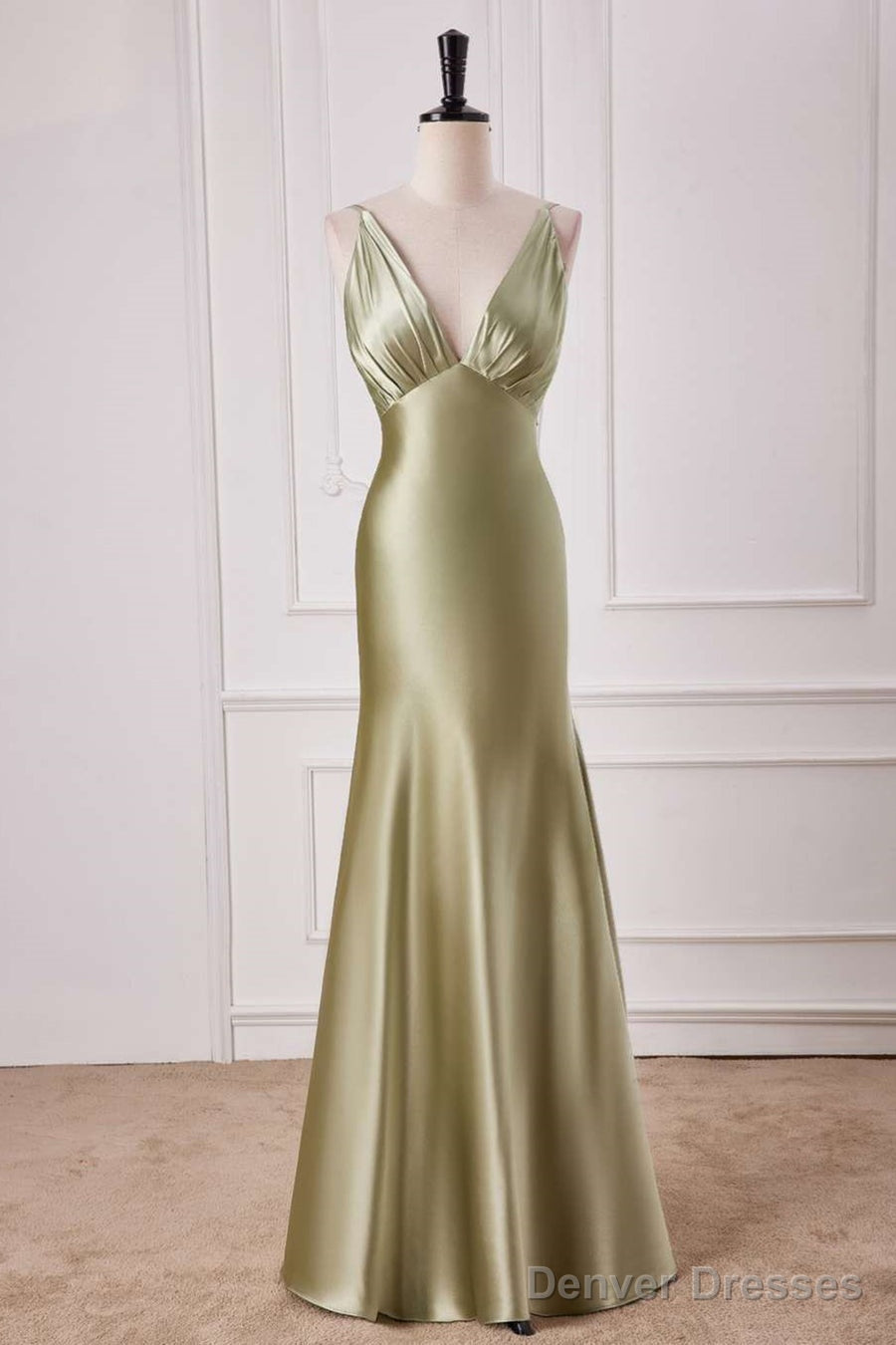 Straps Sage Empire Waist Pleated Satin Maxi Dress