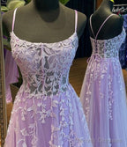 Straps Violet Purple Prom Dresses Lace Tulle Long A-Line Dress